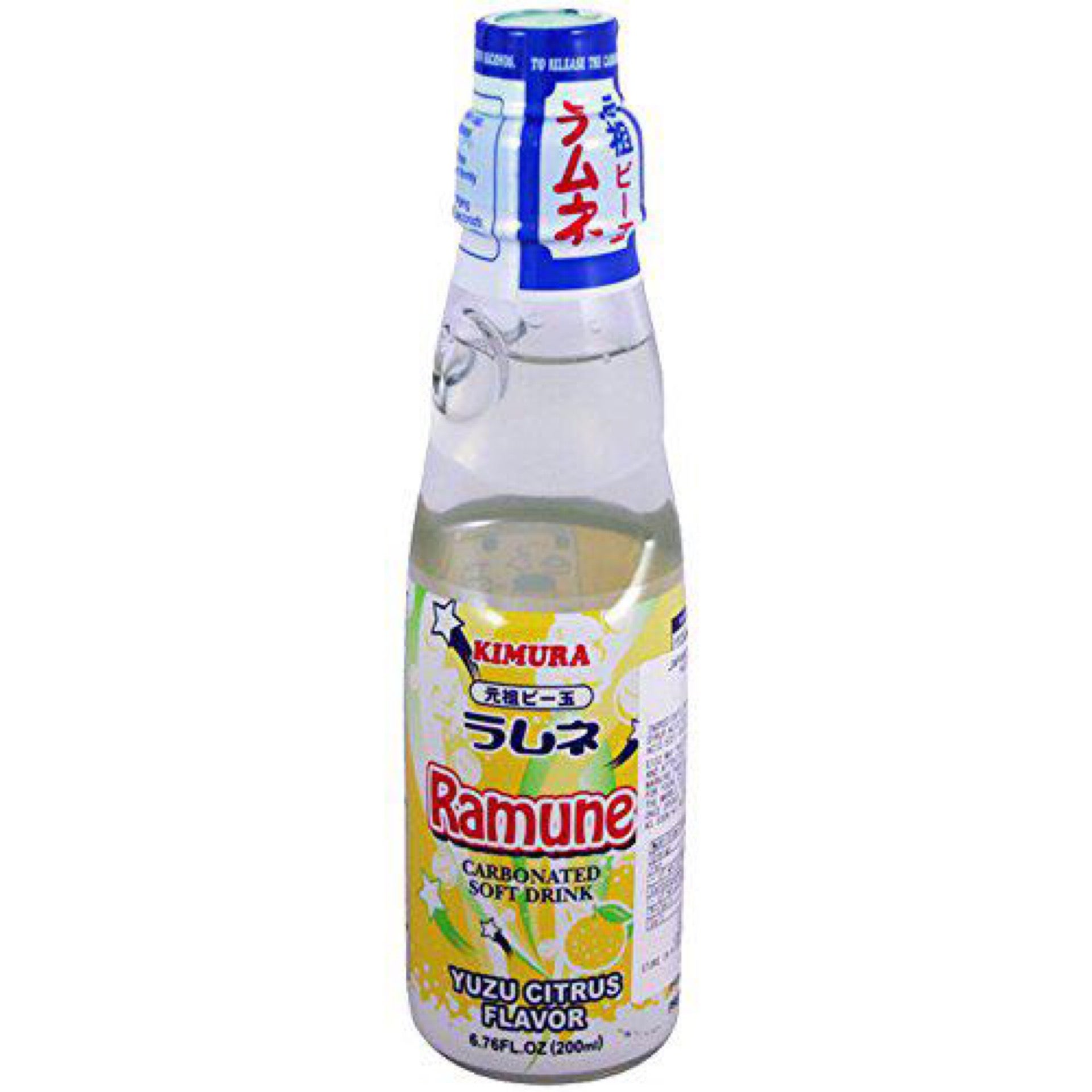 Ramune Soda Yuzu Citrus Flavor Kimura 6.76 oz Glass Bottle with